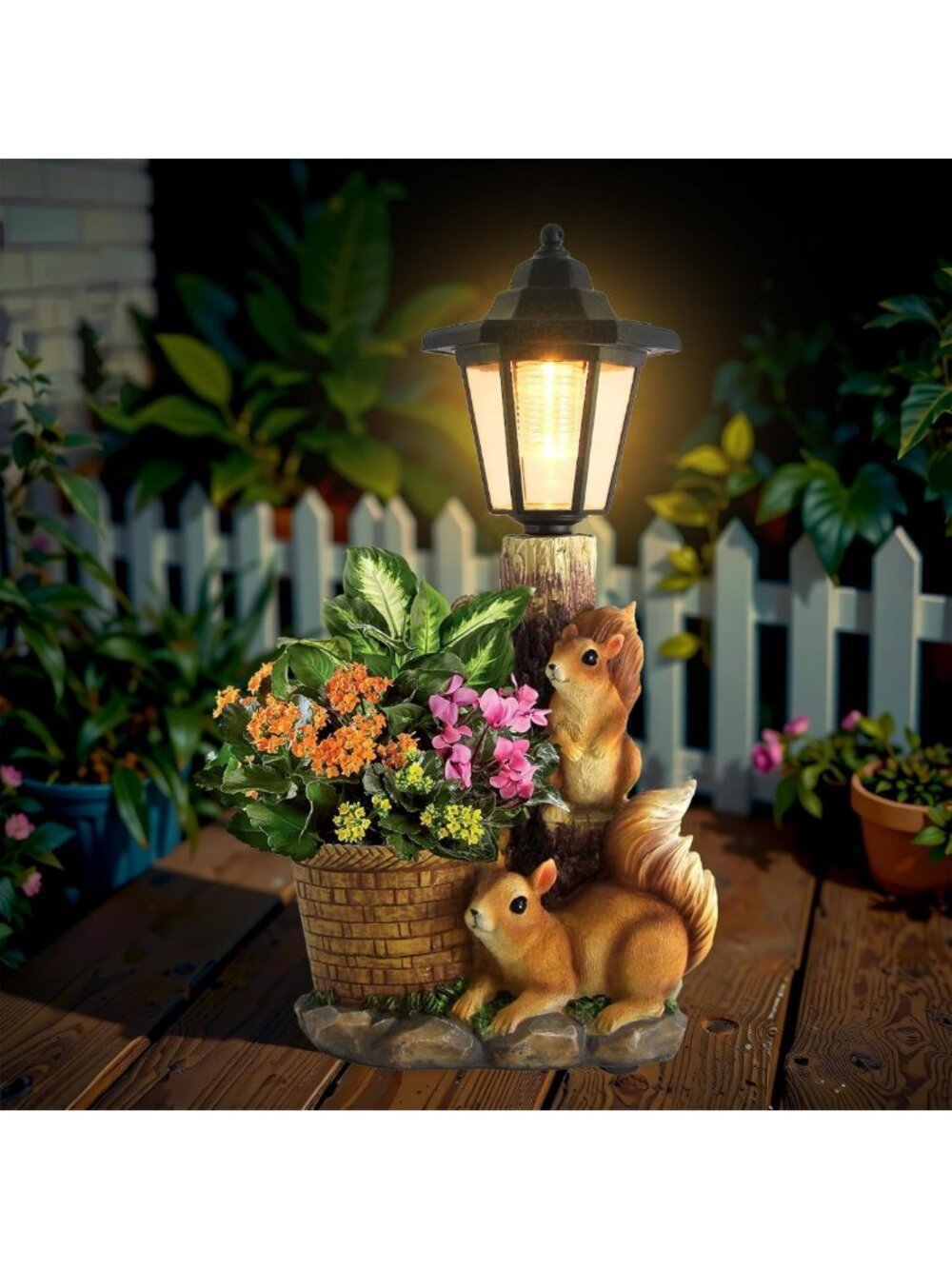 Cute Solar Squirrel Garden Statue with Flowerpot & Lantern | Outdoor Yard Art